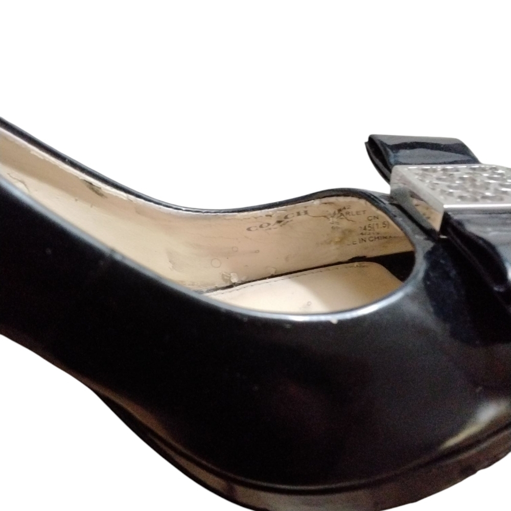Coach Scarlet Black Patent Leather Peep Toe Bow Heel Pumps Women’s Size 9 B - Picture 13 of 14